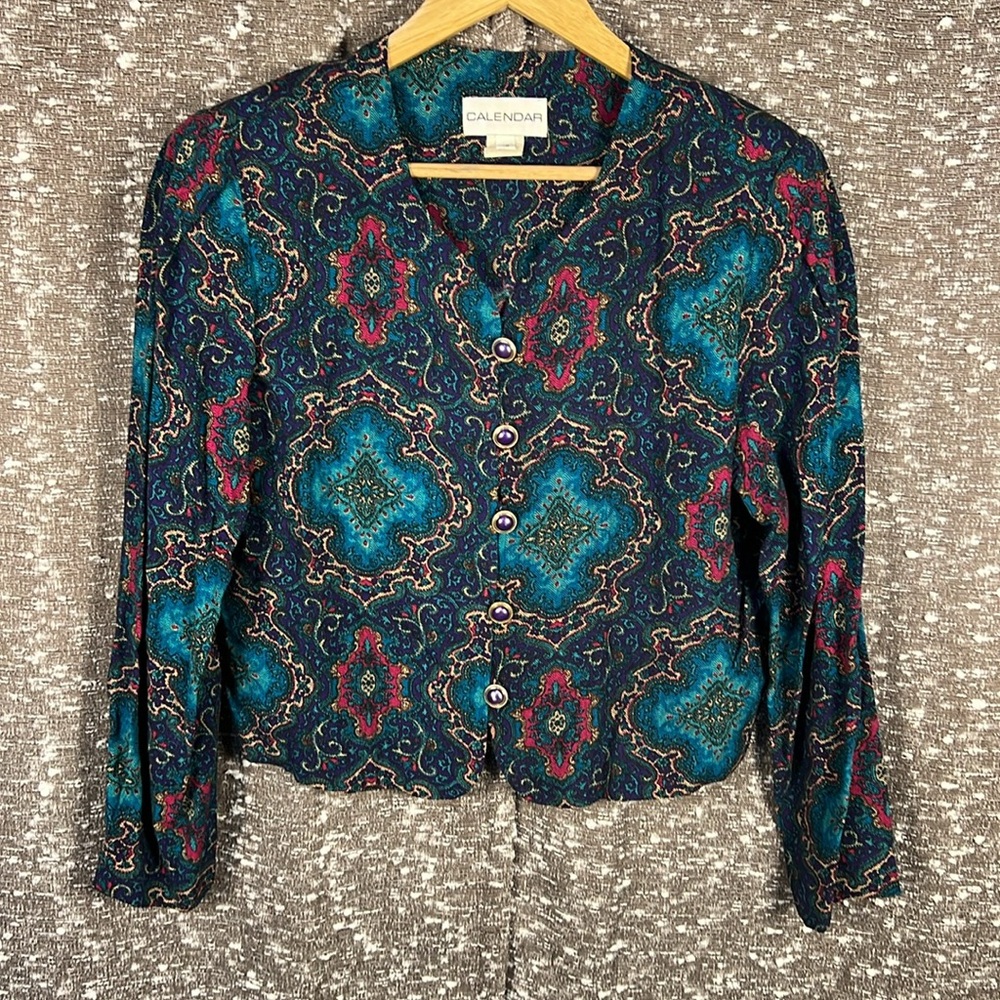 Calendar Psychedelic Paisley Long Sleeve‎ Button Up Blouse Top Size 12